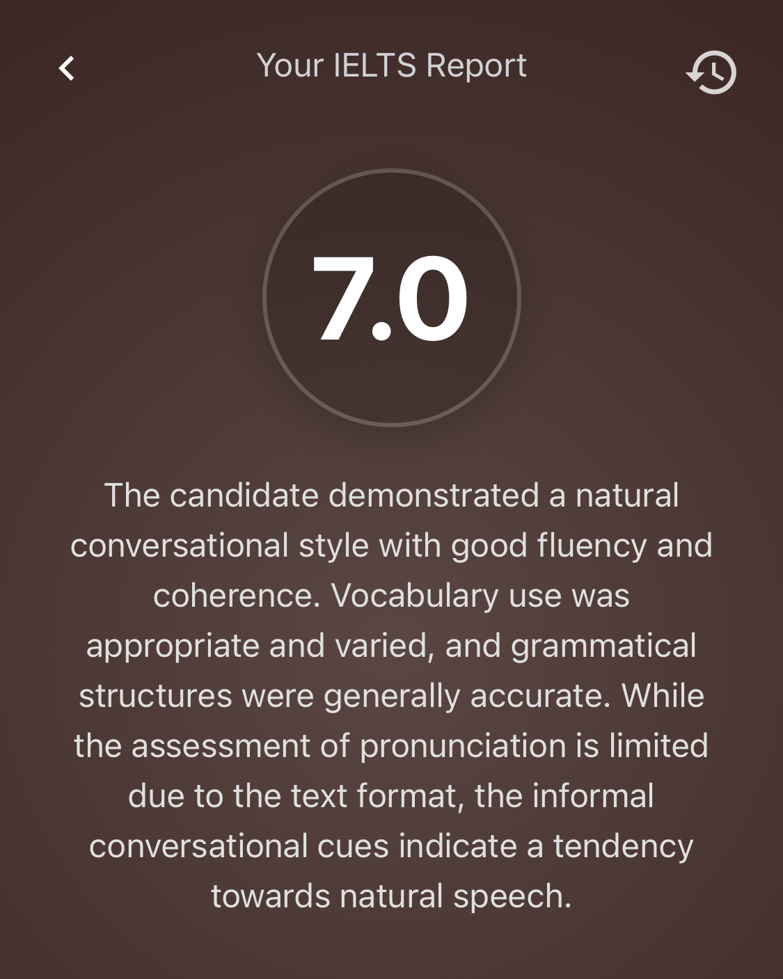 IELTS report showing an overall score